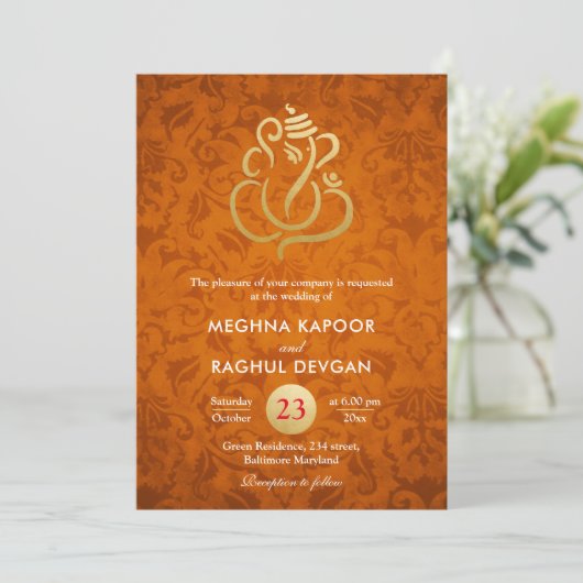 Invitation Ganesha/Faux Gold Foil Orange Damas (Debout devant)