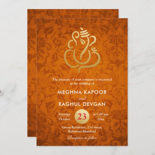 Invitation Ganesha/Faux Gold Foil Orange Damas (Devant / Derrière)