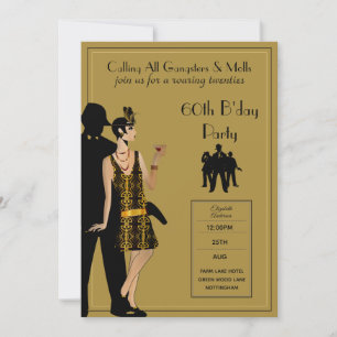 Invitation Gangster Moll 1920s Flapper Black Gold 60th Party