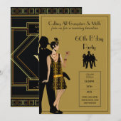 Invitation Gangster Moll années 20 Flapper Or Noir 60e Fête (Devant / Derrière)