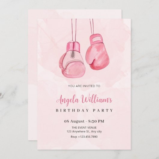Invitation Gants de boxe rose anniversaire (Devant / Derrière)