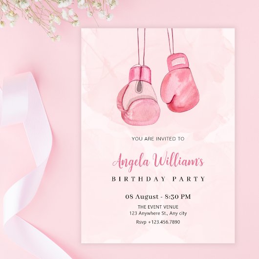 Invitation Gants de boxe roses anniversaire