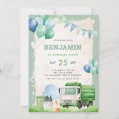 Invitation Garbage Truck 4e anniversaire fête Sage Green (Devant)