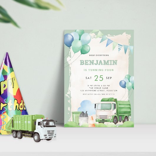 Invitation Garbage Truck 4e anniversaire fête Sage Green