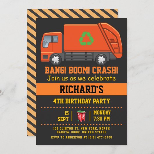 Invitation Garbage Truck à thème enfants Amusement fête d'ann (Devant / Derrière)