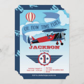 Invitation Garçon, 1er Anniversaire, Avion, Vol à Temps, Avia (Devant / Derrière)