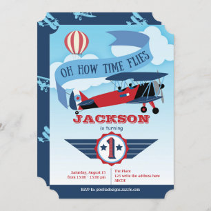 Invitation Garçon, 1er Anniversaire, Avion, Vol à Temps, Avia