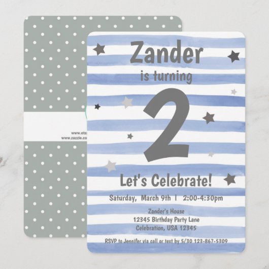 Invitation garçon 1er anniversaire étoile bleue  (Devant / Derrière)