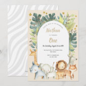 Invitation Garçon 1er anniversaire Jungle Safari animaux (Devant / Derrière)