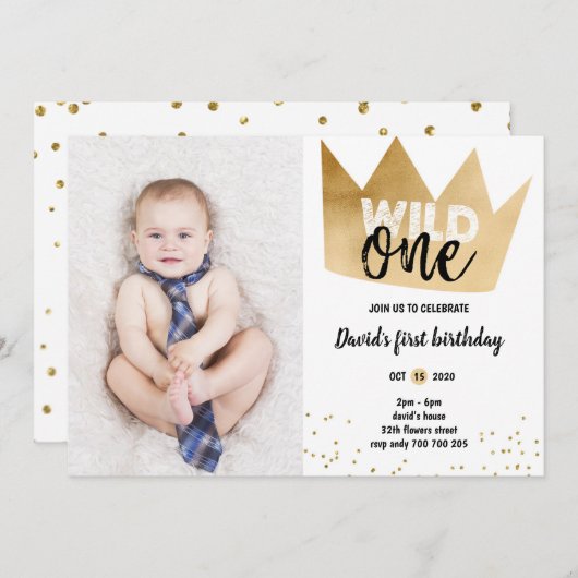 Invitation Garçon 1er anniversaire WILD ONE Gold Foil Couronn (Devant / Derrière)