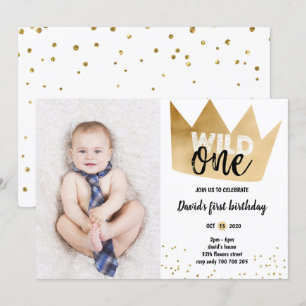 Invitation Garçon 1er anniversaire WILD ONE Gold Foil Couronn