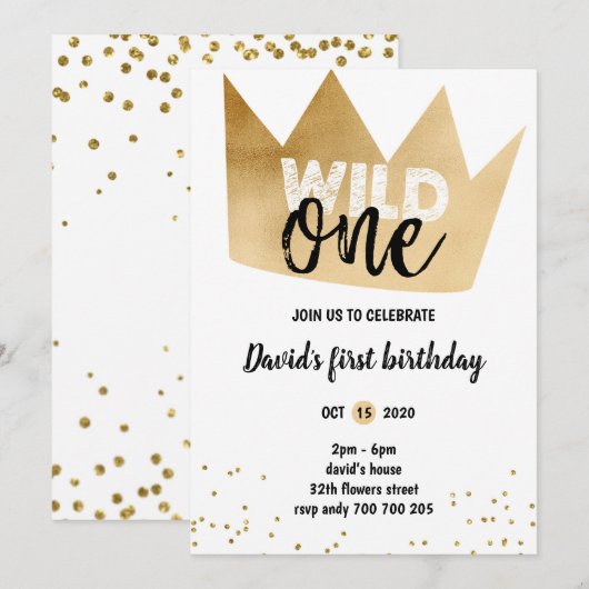 Invitation Garçon 1er anniversaire WILD ONE Gold Foil Crown C (Devant / Derrière)