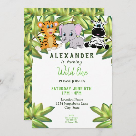 Invitation Garçon 1er anniversaire Wild One Jungle Safari (Devant / Derrière)