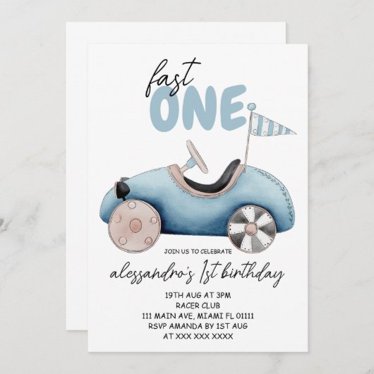 Invitation Garçon 1er Fast Un Anniversaire (Devant / Derrière)