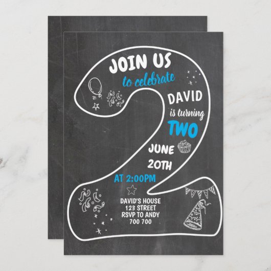 Invitation Garçon 2e anniversaire Chalkboard Numéro Bleu (Devant / Derrière)