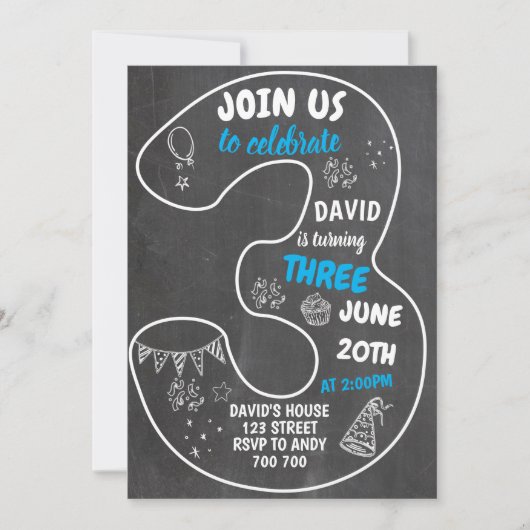 Invitation Garçon 3e anniversaire Chalkboard Numéro Bleu (Devant)