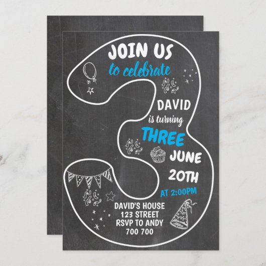 Invitation Garçon 3e anniversaire Chalkboard Numéro Bleu (Devant / Derrière)