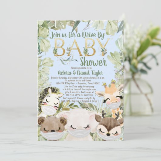 Invitation Garçon Animaux Couverts Avec Masques Baby shower D (Debout devant)