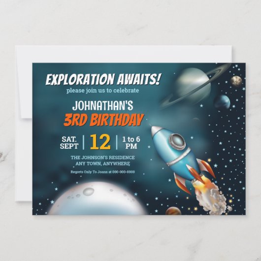 Invitation Garçon Anniversaire Aventure spatiale en fusée (Devant)