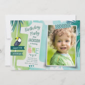 Invitation Garçon aquarelle vert tropical et bleu jungle (Devant)
