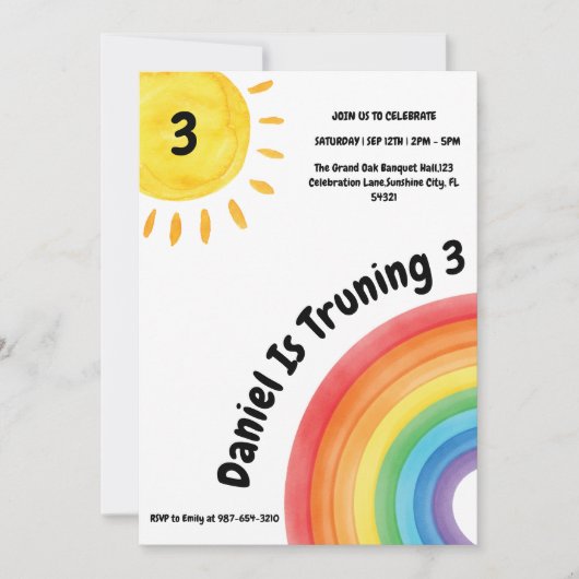 Invitation Garçon Arc-en-ciel 3e anniversaire, fête d'anniver (Devant)