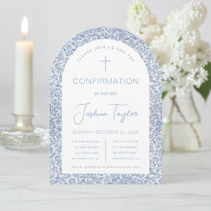 Invitation Garçon Arche de confirmation bleu floral motif vin
