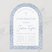 Invitation Garçon Arche de confirmation bleu floral motif vin (Devant)