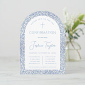 Invitation Garçon Arche de confirmation bleu floral motif vin (Debout devant)