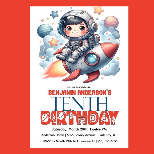 Invitation Garçon astronaute de fusée, 10e anniversaire