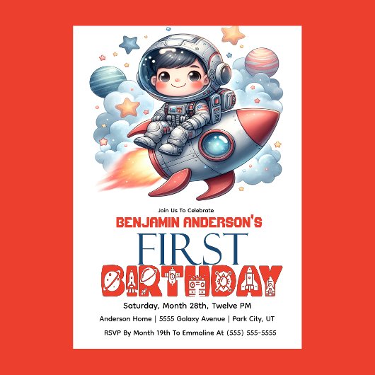 Invitation Garçon astronaute de fusée, 1er anniversaire
