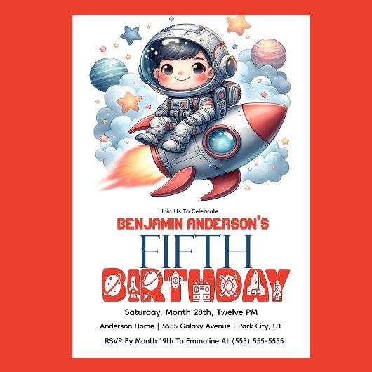 Invitation Garçon astronaute de fusée, 5ème anniversaire