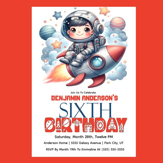Invitation Garçon astronaute de fusée, 6e anniversaire