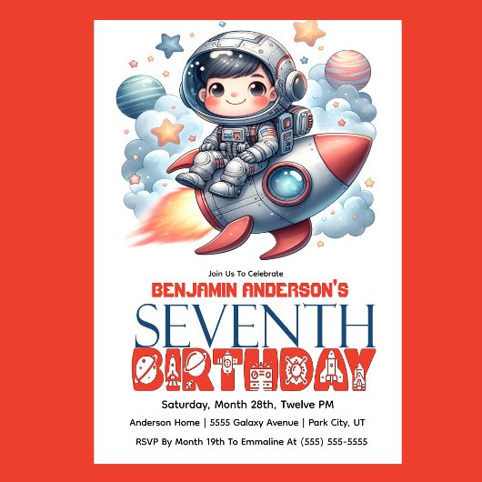 Invitation Garçon astronaute de fusée, 7e anniversaire