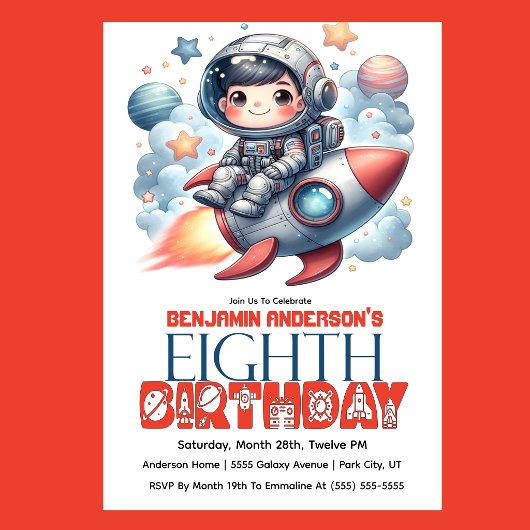Invitation Garçon astronaute de fusée, 8e anniversaire