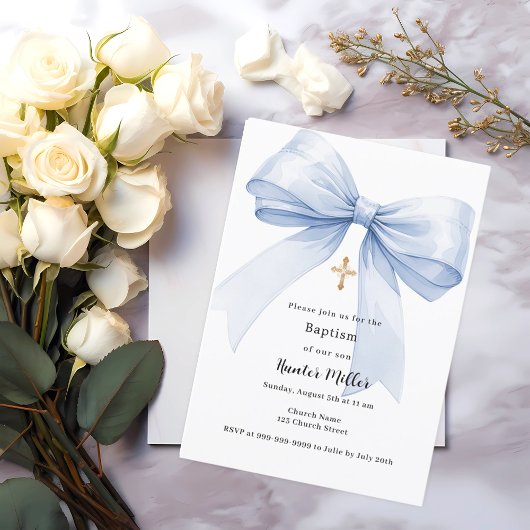 Invitation Garçon au nœud bleu Baptême