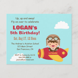 Invitation Garçon Aviateur Mignon Fête d'Anniversaire d'Avion