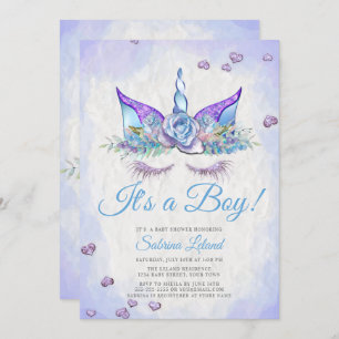 Invitation Garçon Baby shower Bleu Imaginaire Dormir Unicorn