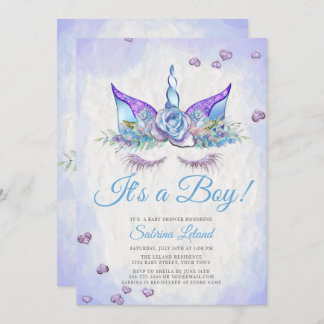 Invitation Garçon Baby shower Bleu Imaginaire Dormir Unicorn
