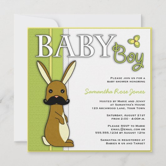Invitation Garçon Baby shower Cute Bunny avec Moustache - Ver (Devant)