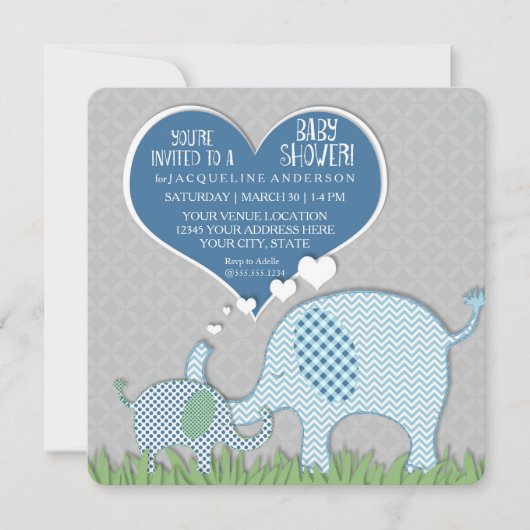 Invitation Garçon Baby shower Heart Elephants Retro Moderne (Devant)