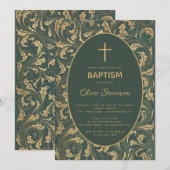 Invitation Garçon Baptême Or Chardon Croix Vert Ovale Élégant (Devant / Derrière)