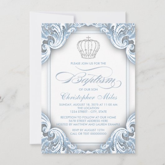 Invitation Garçon Baptême Prince Argent Bleu (Devant)
