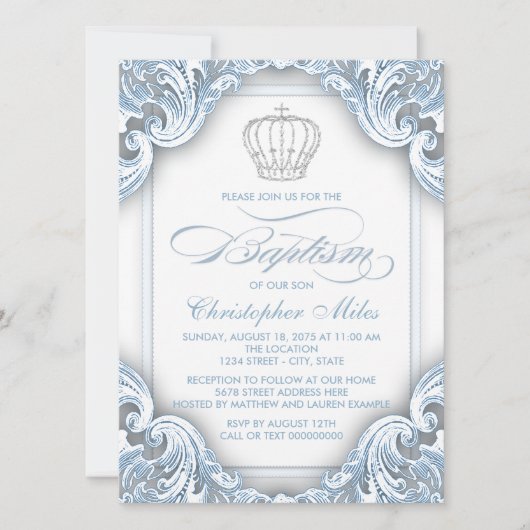 Invitation Garçon Baptême Prince Argent Bleu (Devant)