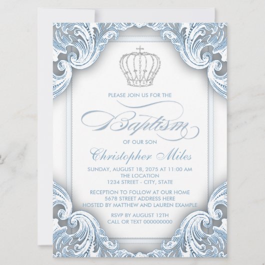 Invitation Garçon Baptême Prince Argent Bleu (Devant)