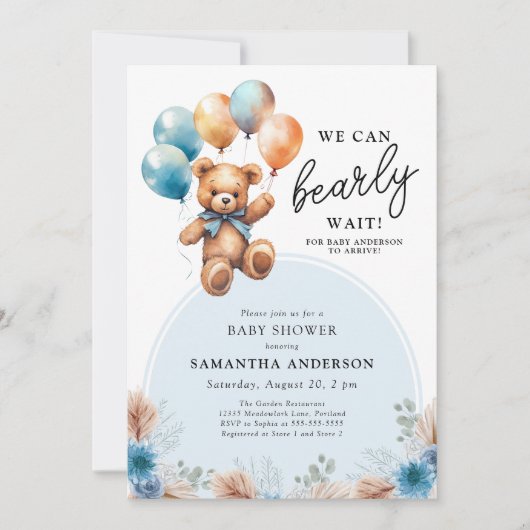 Invitation Garçon Bearly Wait Teddy Bear Baby shower Boho (Devant)