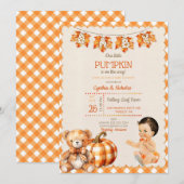 Invitation Garçon Bébé Automne Carreaux Ours en Peluche Citro (Devant / Derrière)
