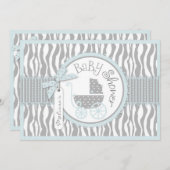 Invitation GARÇON Bébé Carriage, Zebra Print & Blue Baby show (Devant / Derrière)