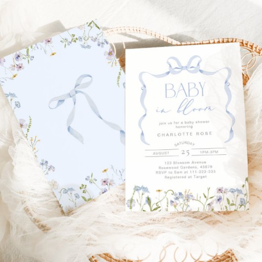 Invitation Garçon bébé en Fleur Bleu Bow baby shower floral