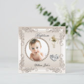 Invitation Garçon Bébé Fille Beige Crème Baptême Baptême (Debout devant)