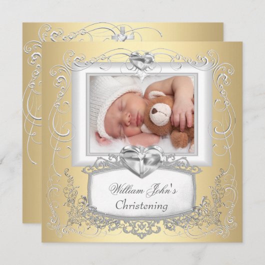Invitation Garçon Bébé Fille Or Crème Baptême Baptême Croix (Devant / Derrière)